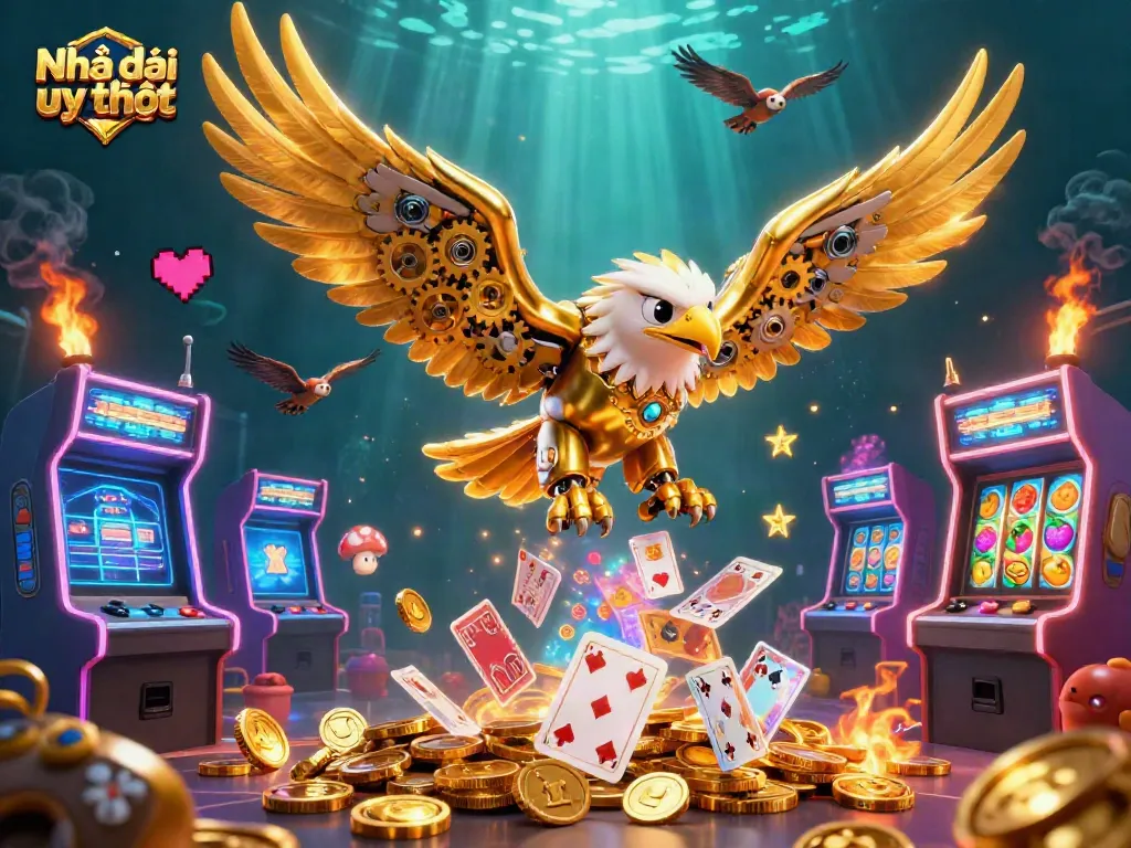 Experience thrilling gameplay with Nhà cái uy tín featuring a gold eagle soaring amidst holographic cards and vibrant slot symbols.