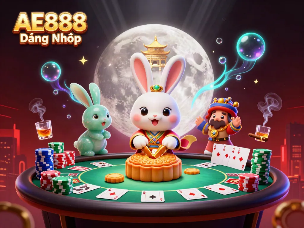 Engage with gaming thrill at AE888 Đăng Nhập featuring a vibrant moon scene with poker elements.