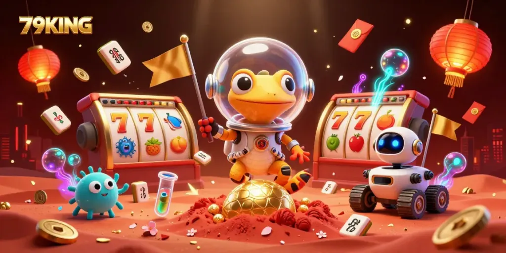 79KING showcases an exciting scene with a Martian gecko in a casino, revealing rich gaming elements.