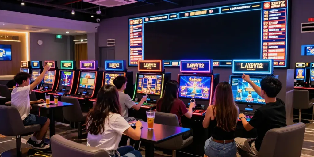 Players enjoying a thrilling luxury12 slot experience in a vibrant gaming lounge.