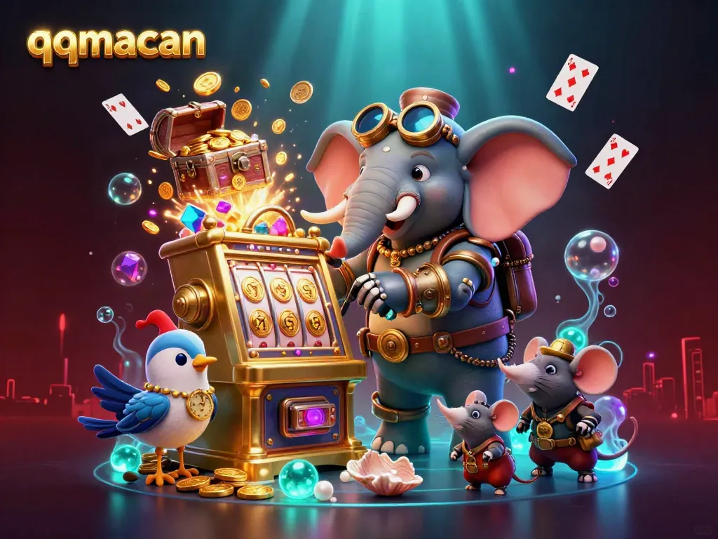 Engage with the qqmacan slot machine experience illustrated by steampunk characters and vibrant game elements.