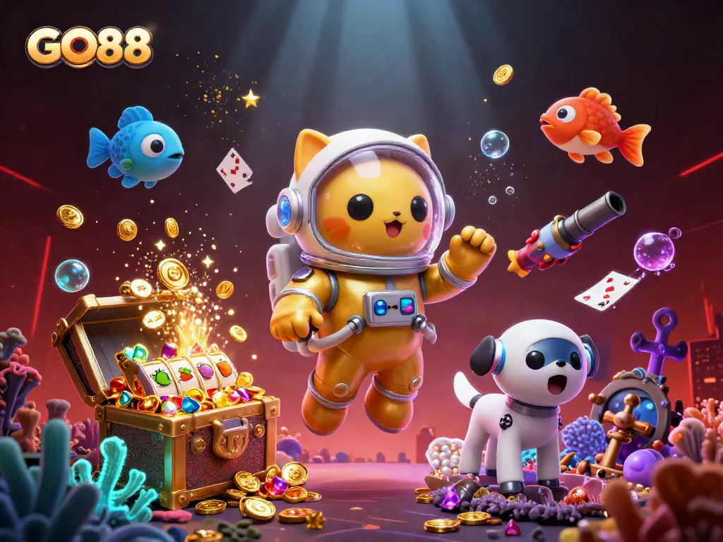 GO88 exciting slots adventure featuring characters in a vivid underwater casino scene
