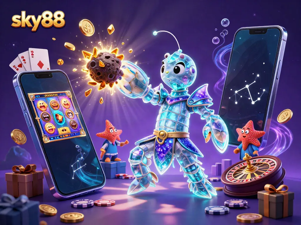 Engage with the exciting sky88 universe as a mantis shrimp punches through an asteroid, revealing treasures and gaming elements.