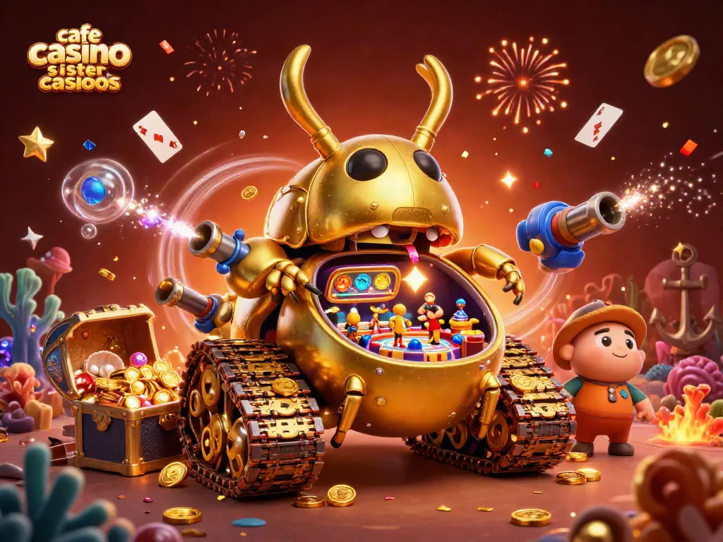 Cafe casino sister casinos feature vibrant 3D cartoon elements with a golden beetle tank casino illustration.