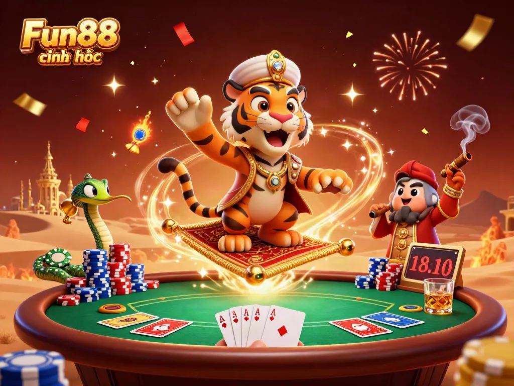 Experience the vibrancy of Fun88 chính thức with a magical casino-themed scene featuring an Arabian tiger sultan.