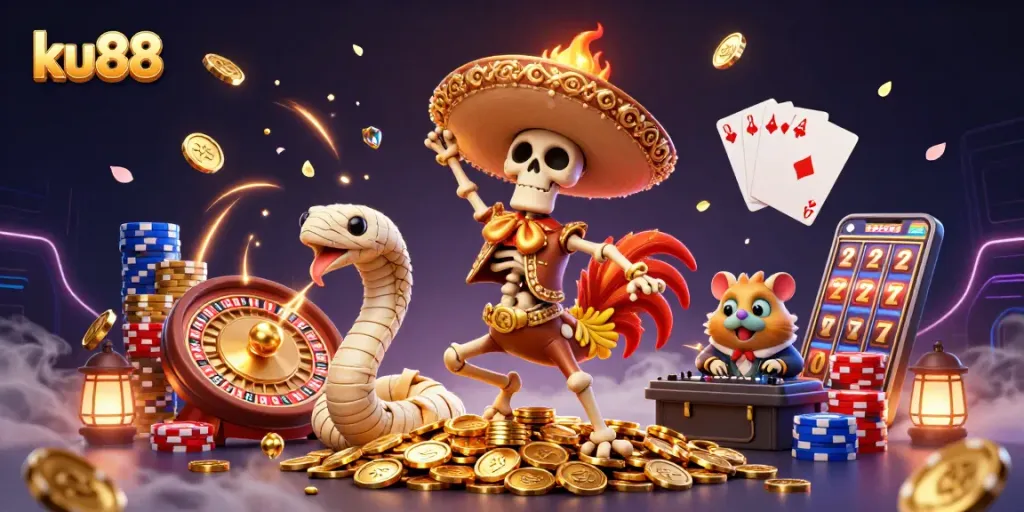 Win big at ku88 with this vibrant casino scene featuring engaging 3D characters and gold coins.