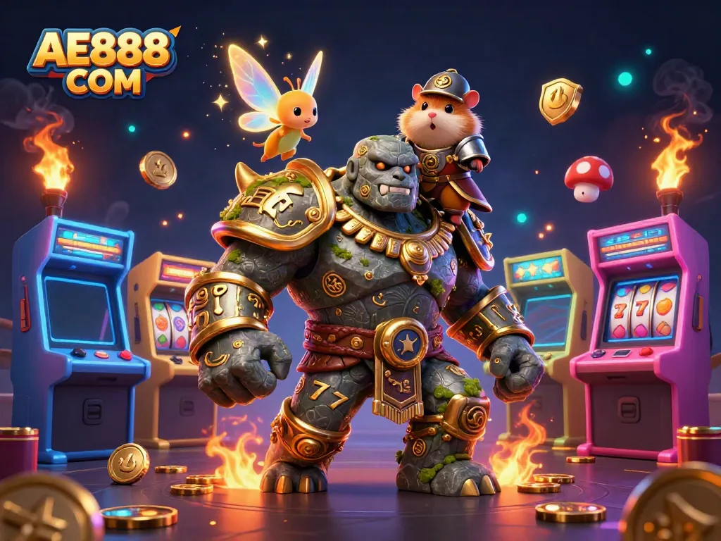 Experience the magic of AE888 COM with a dynamic casino arcade scene featuring a golem, fairy, and hamster knight.