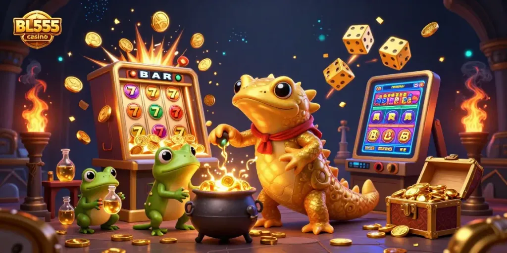 Experience the excitement of BL555 casino with golden alchemists and slot machines bursting with riches.