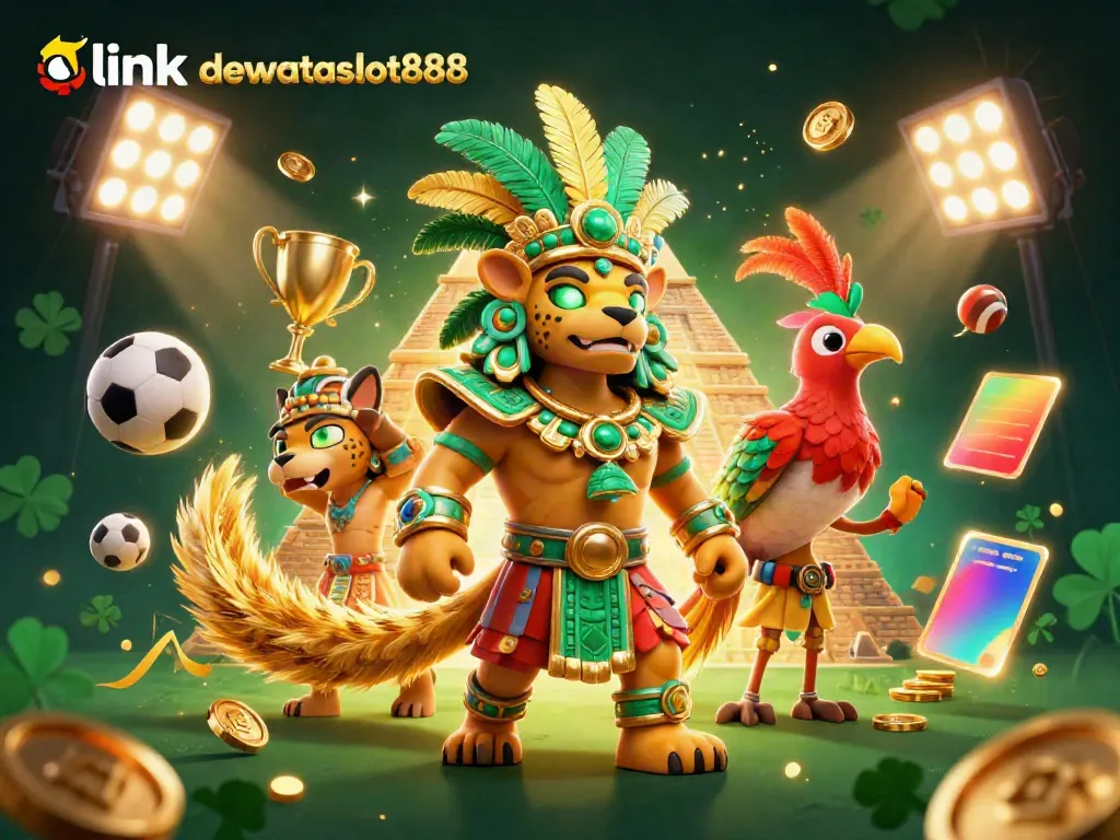 Permainan capsa susun di link dewataslot888: ilustrasi kucing jaguar, burung, dan piala emas.