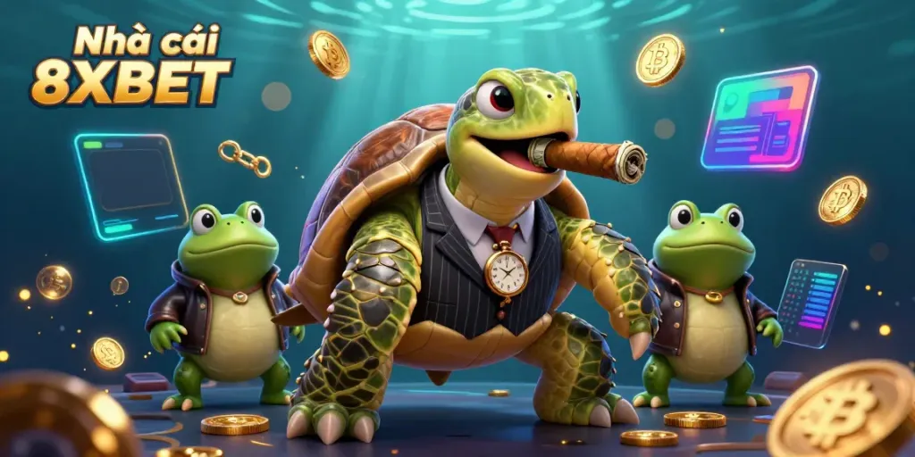 Experience exciting gameplay with Nhà cái 8XBET's vibrant casino atmosphere featuring a whimsical snapping turtle and bullfrog enforcers.