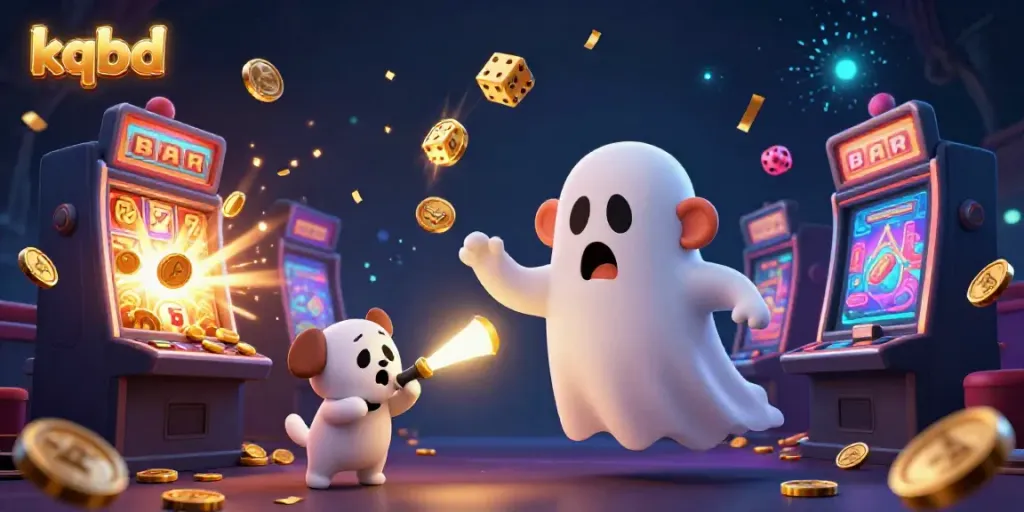 KQBD features a vibrant 3D scene of a playful poltergeist monkey and a curious ghost-hunter puppy in a lively casino atmosphere.