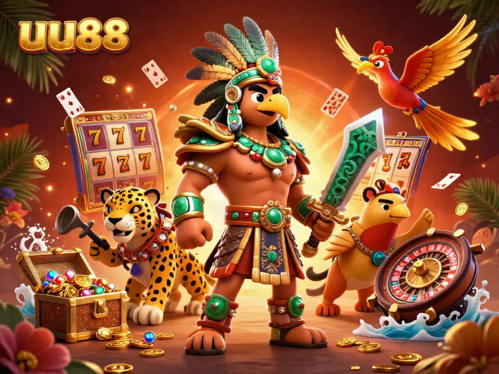 Experience thrilling gameplay at uu88 with vibrant casino elements in a dynamic 3D illustration.