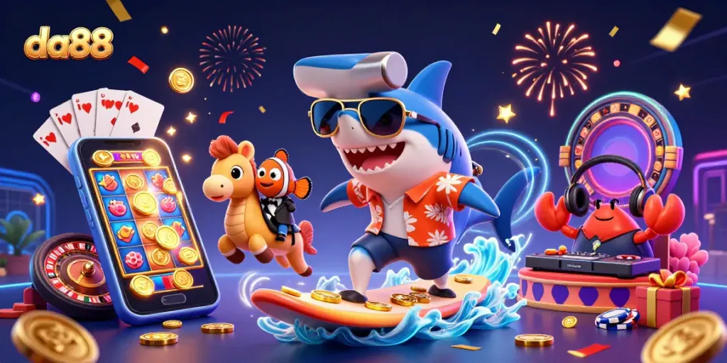 da88 showcases thrilling gaming action with a shark, clownfish, and crab DJ on gold coins.