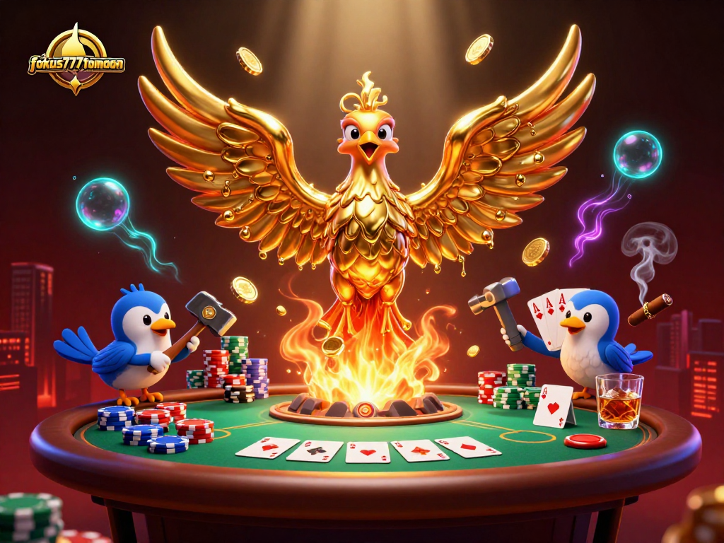 Experience the excitement of fokus777tomoon with a vibrant 3D phoenix and poker elements.