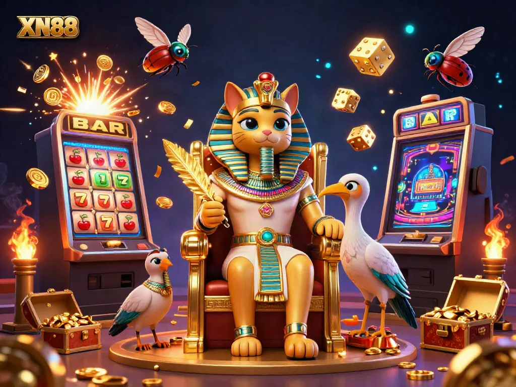 Experience the excitement at XN88 with vibrant casino elements, including jackpot spills and a pharaoh cat!