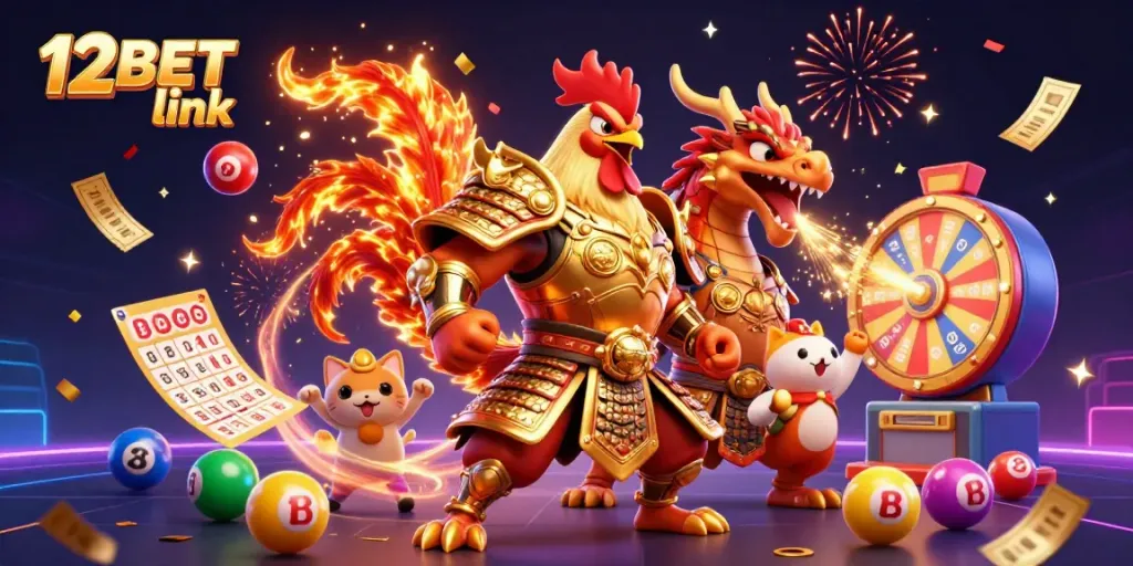 Spin vibrant lottery elements and a charming 12BET link scene with a fiery samurai rooster and dragon.