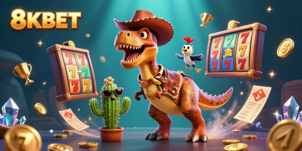 Experience vibrant gaming excitement at 8KBET with cartoon characters and dynamic slot elements in a rich 3D environment.