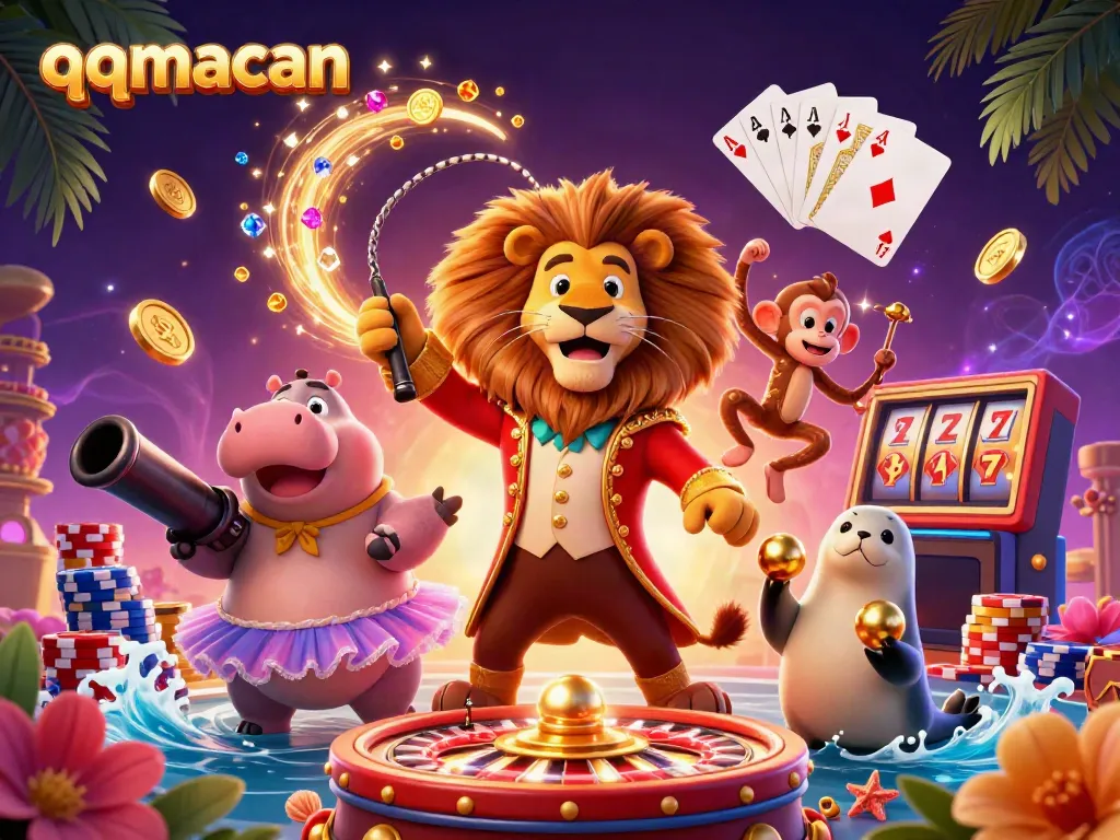 Experience the thrill of qqmacan with a vibrant 3D circus scene, featuring dynamic casino elements and characters.