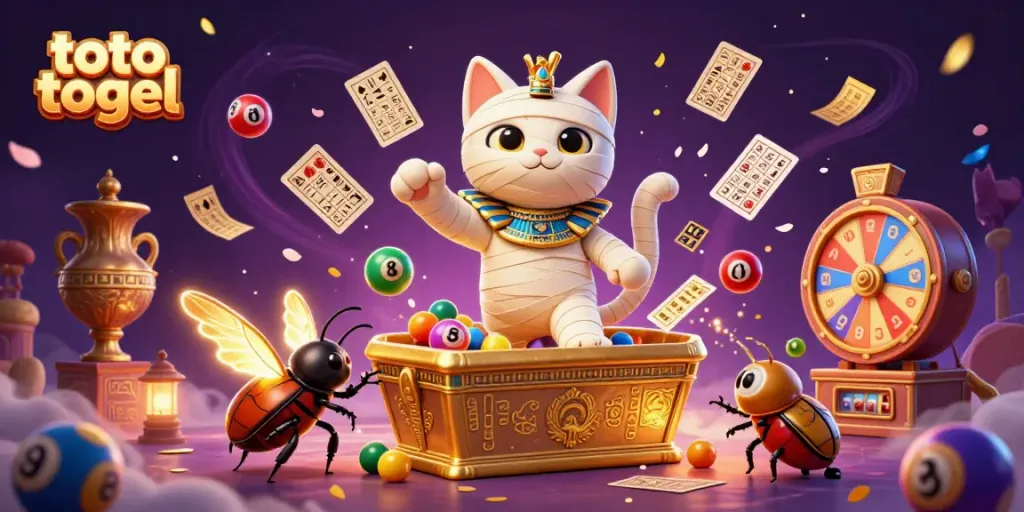 Engage with the exciting toto togel theme featuring a vibrant casino scene with an Egyptian mummy cat and glowing elements.