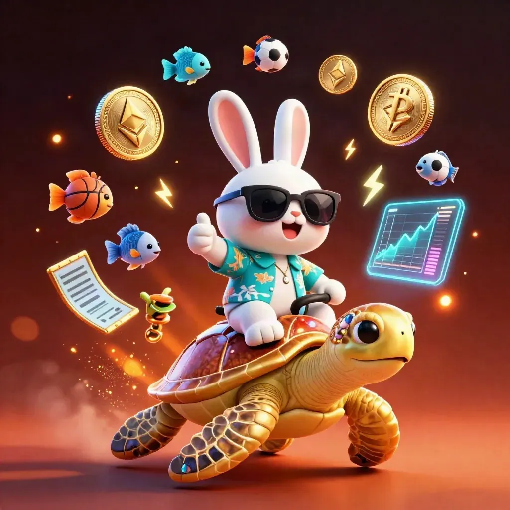 A lucky rabbit rides a gem turtle amid neon coins, lightning, and esports energy.