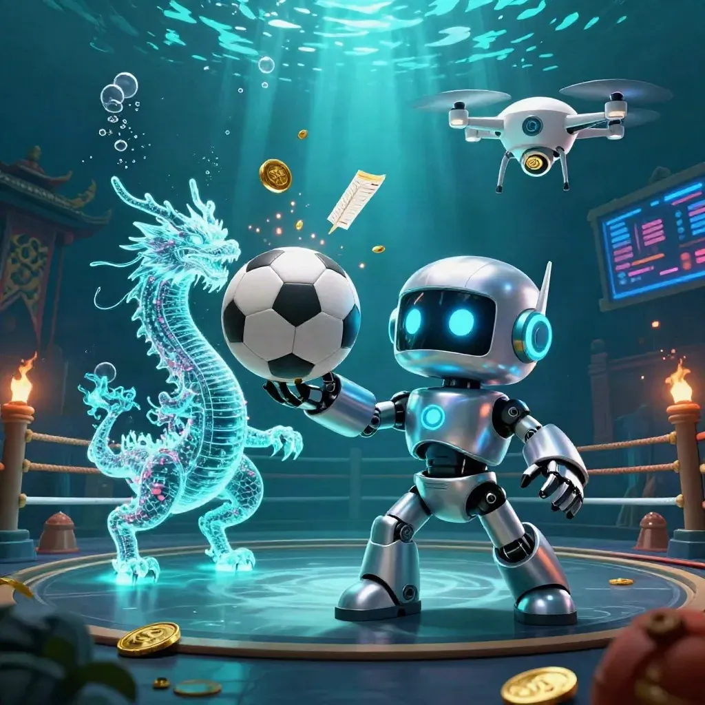 Robot mascot, AI dragon, and drone amid coins, bubbles, and balls in a neon underwater arena.