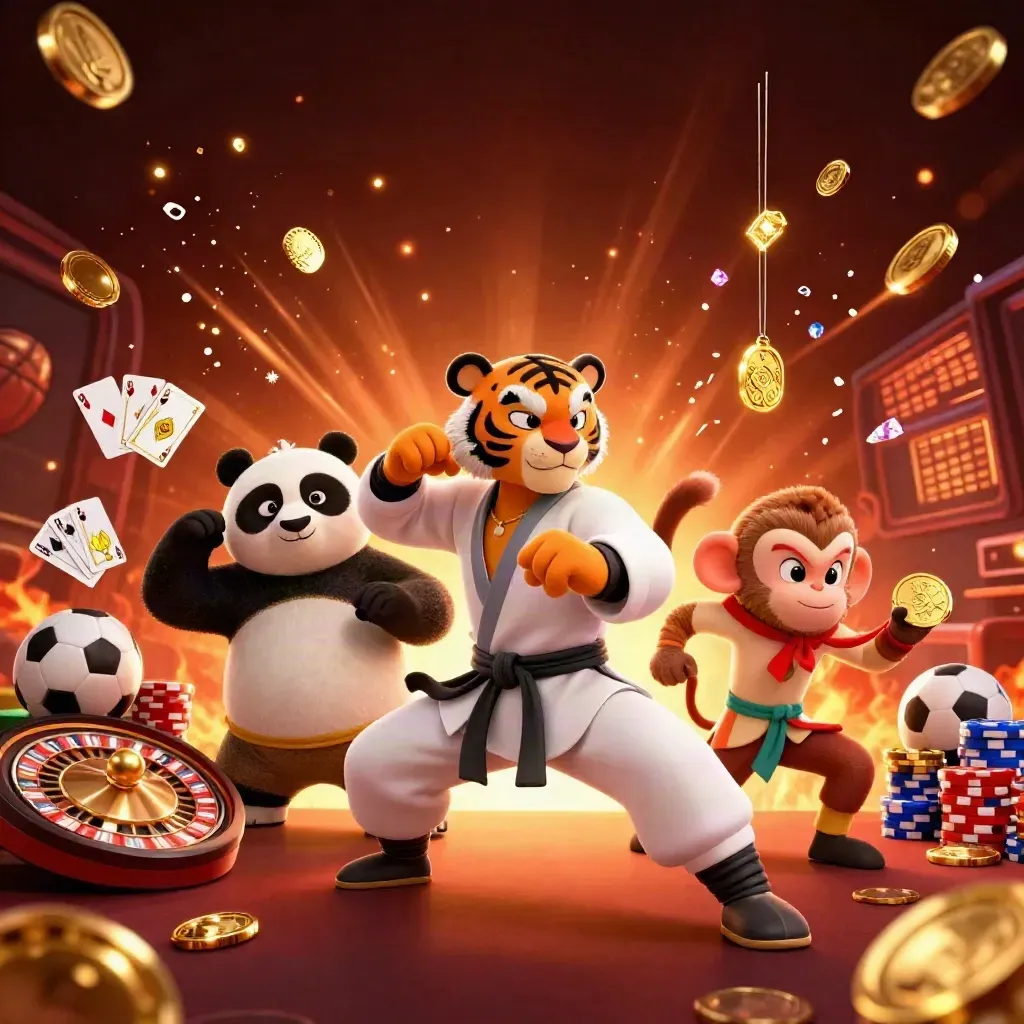 Tiger, panda, and monkey amid casino chips, cards, roulette wheel, and glowing sports props.