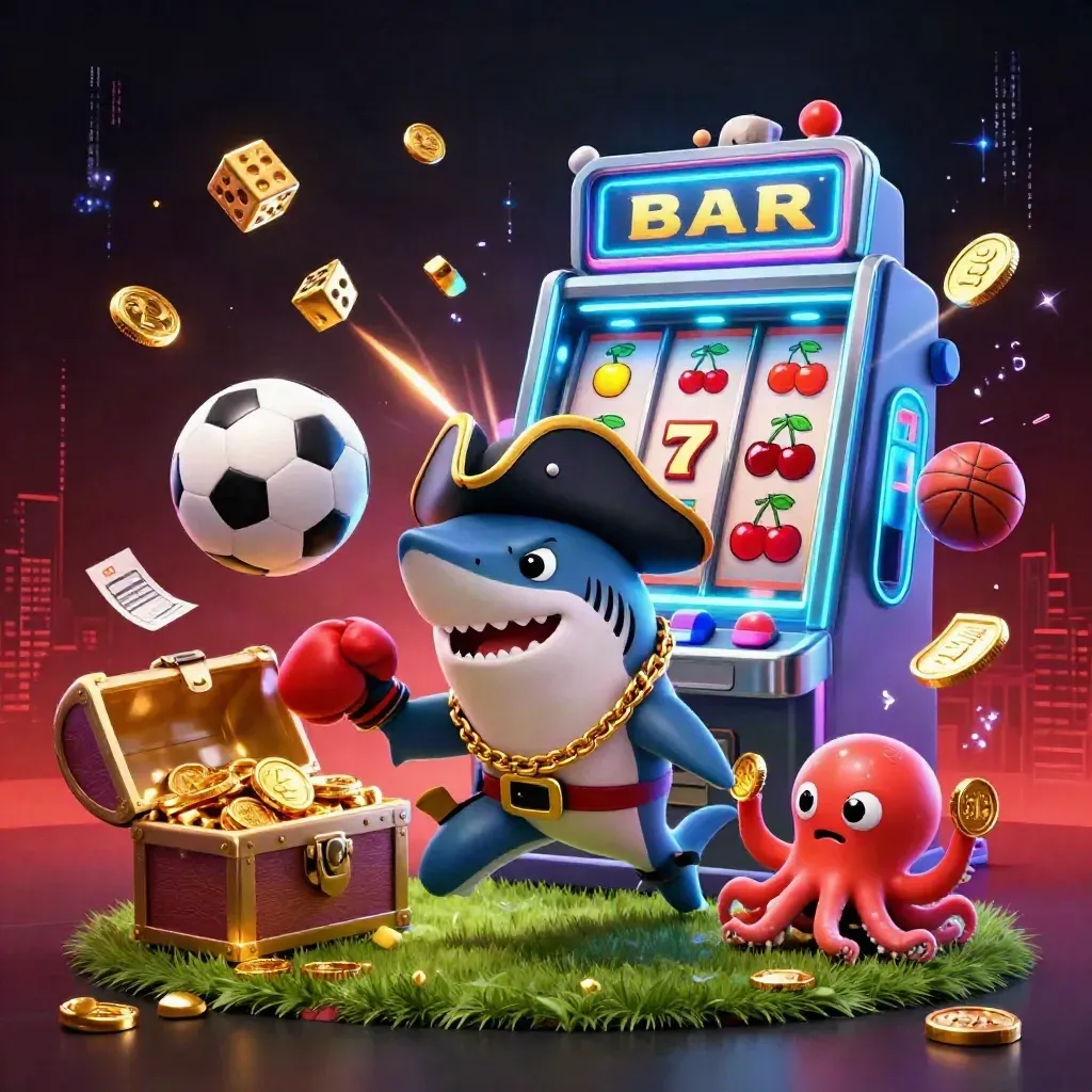 Pirate shark, pufferfish, and octopus burst amid slot symbols, coins, and neon sports energy.