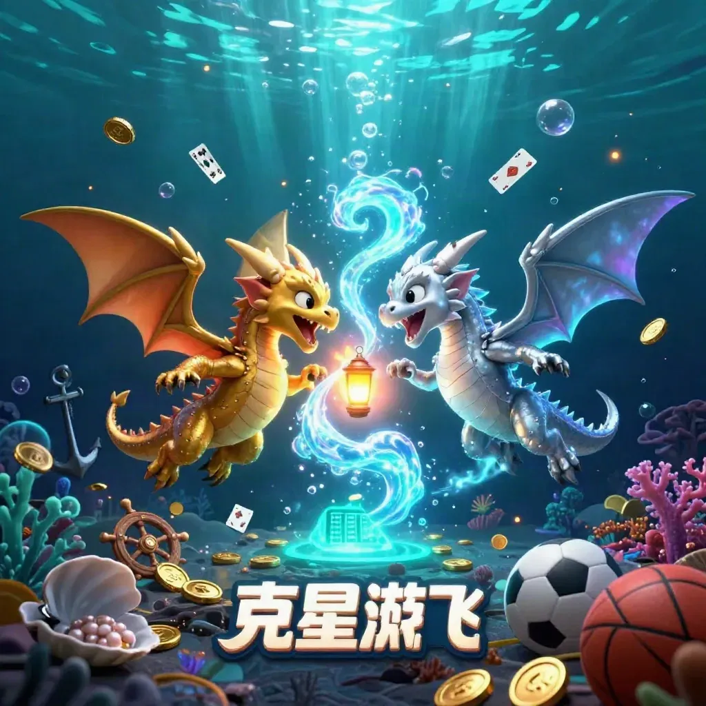 Intertwined gold and silver dragons over a treasure cove with cyan glow and casino props