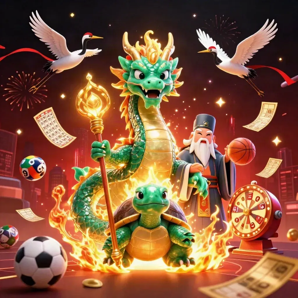 Dragon, turtle sage, and cranes amid casino game icons and fireworks in a dark neon arena.