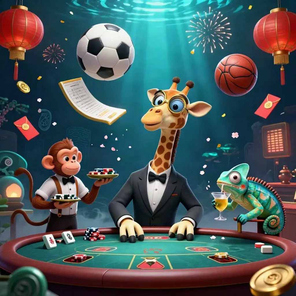 Giraffe, monkey, and chameleon at a neon poker table with flying sports props and cyan glow.