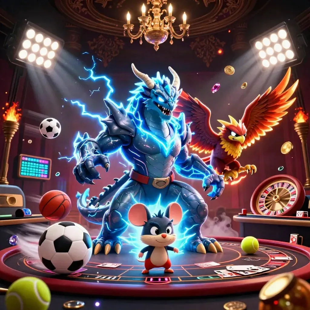 Thunder dragon, wind hawk, and thunder-mouse in a luxe casino scene with balls, trophy, coins, and glowing lights.
