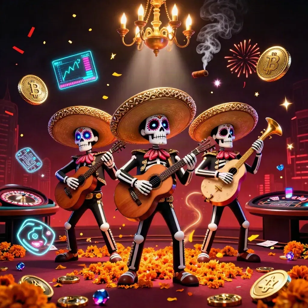 Skeleton mariachi trio in a neon casino scene with coins, charts, and a glowing roulette wheel.
