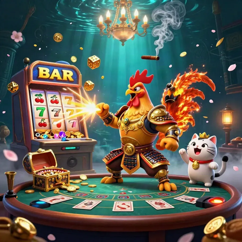 Rooster warrior, dragon hatchling, and fortune-cat in a teal-blue casino burst of gold and sparks.
