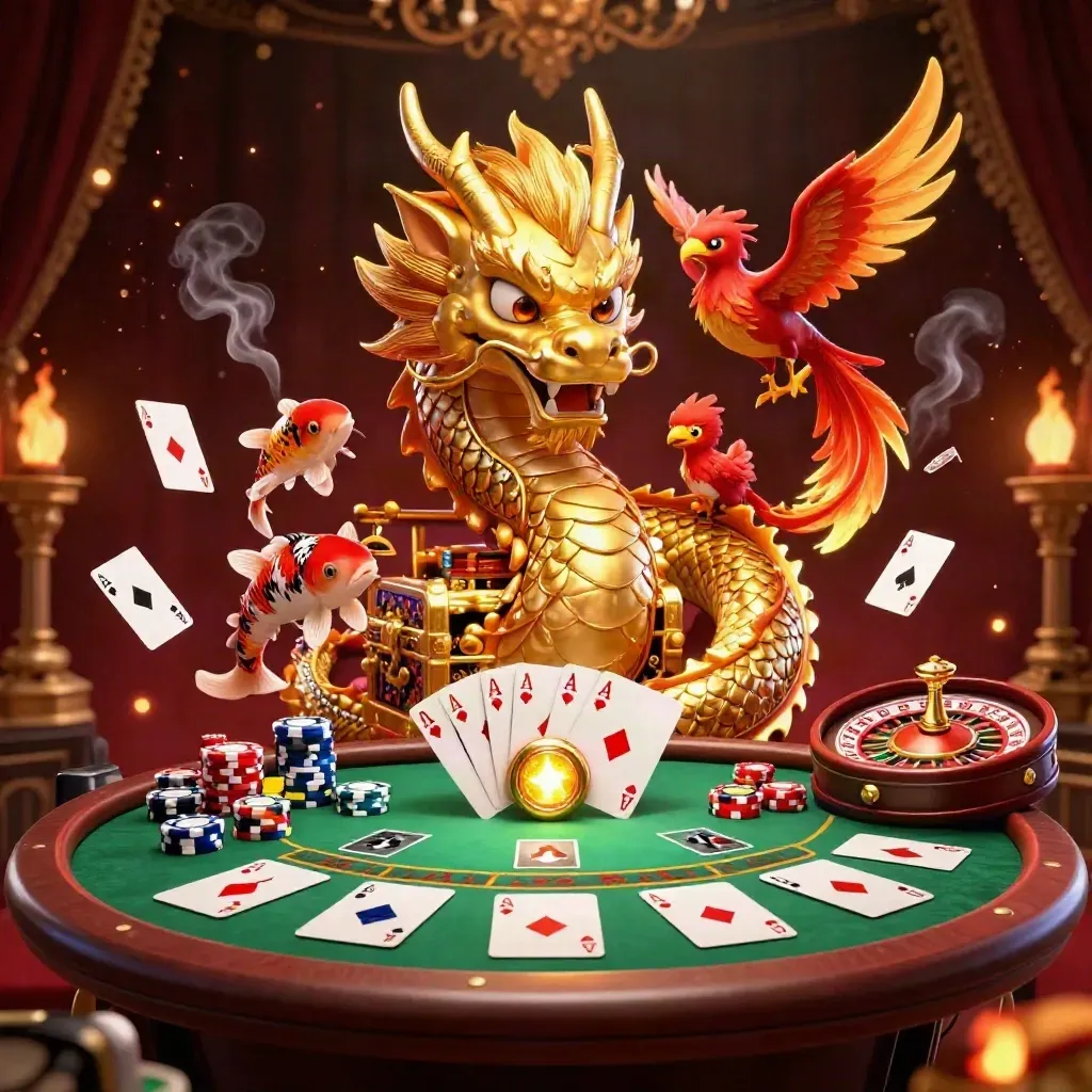 Golden dragon with phoenix and koi amid casino cards, chips, roulette wheel, and smoky damask glow.