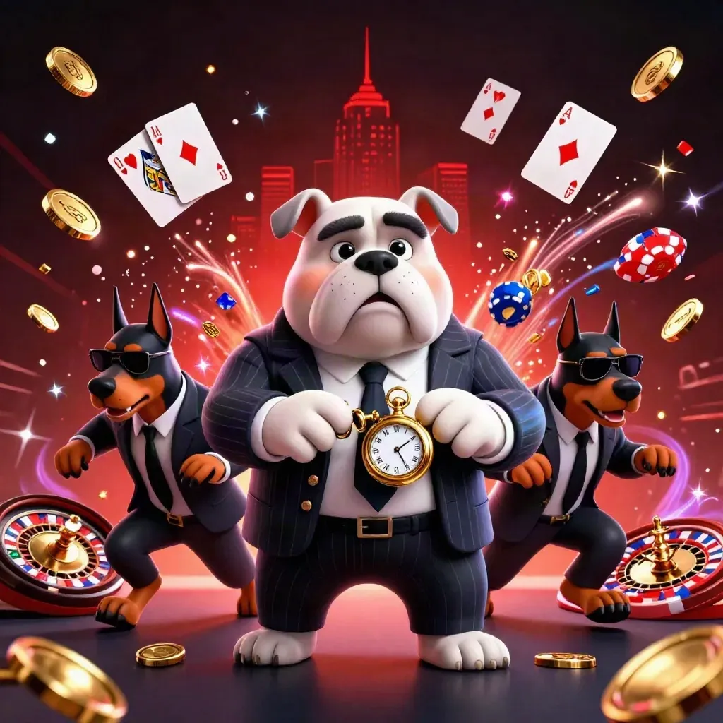 Bulldog boss and two Dobermans amid coins, gems, chips and a roulette wheel in cyan-lit casino chaos