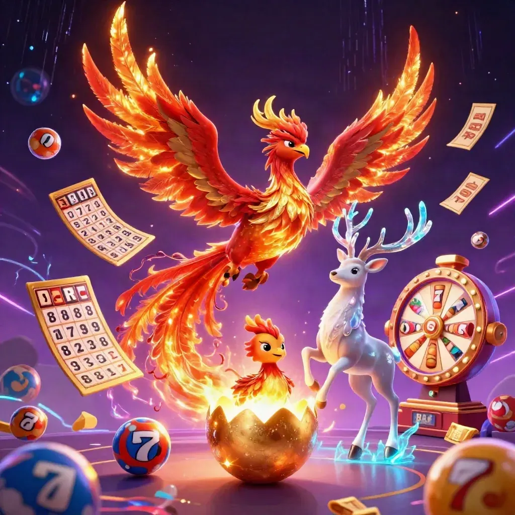 Phoenix, hatchling egg, and crystal stag amid neon casino bursts and magical energy