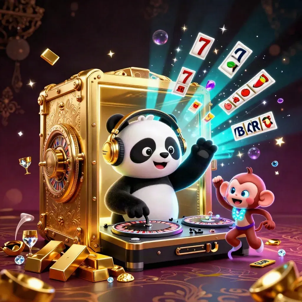 DJ panda, dancing monkey, and glow-stick kitten bursting from a treasure vault with gold and cyan glow