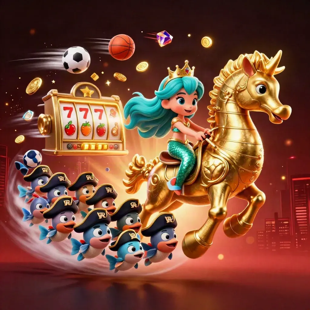 Mermaid princess on a gold-armored seahorse with fish pirates, balls, coins, and casino effects