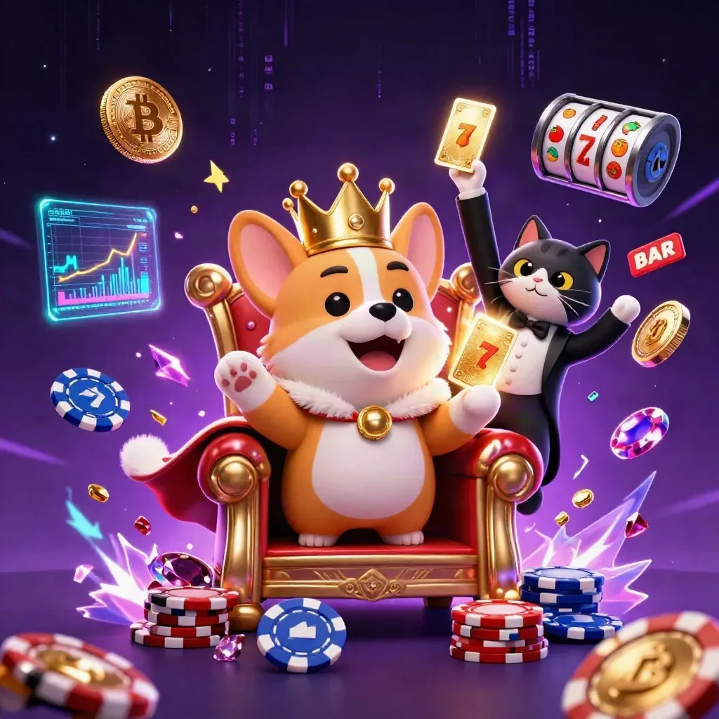 Royal corgi and cat butler amid neon casino treasure, coins, lightning, and glowing energy