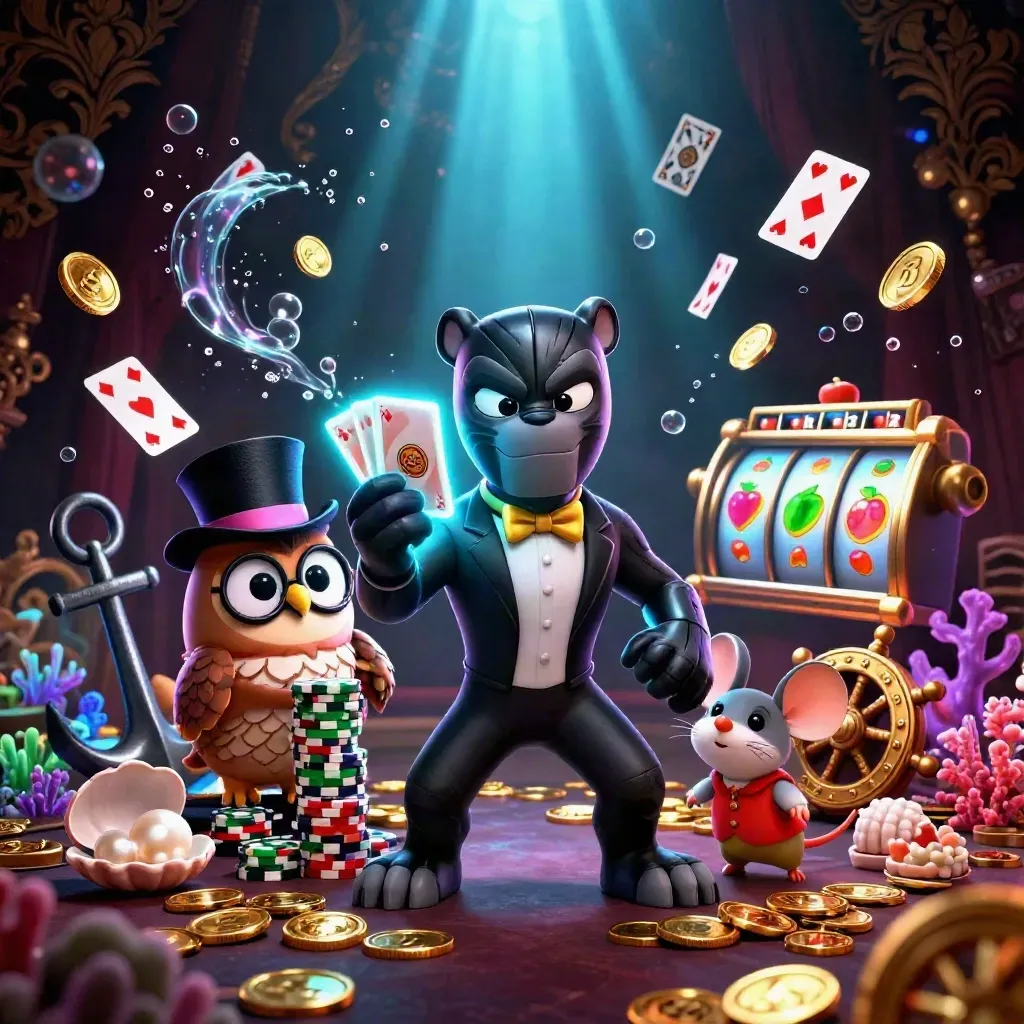 Black panther, owl, and mouse amid glowing treasure, coral, cards, and casino magic