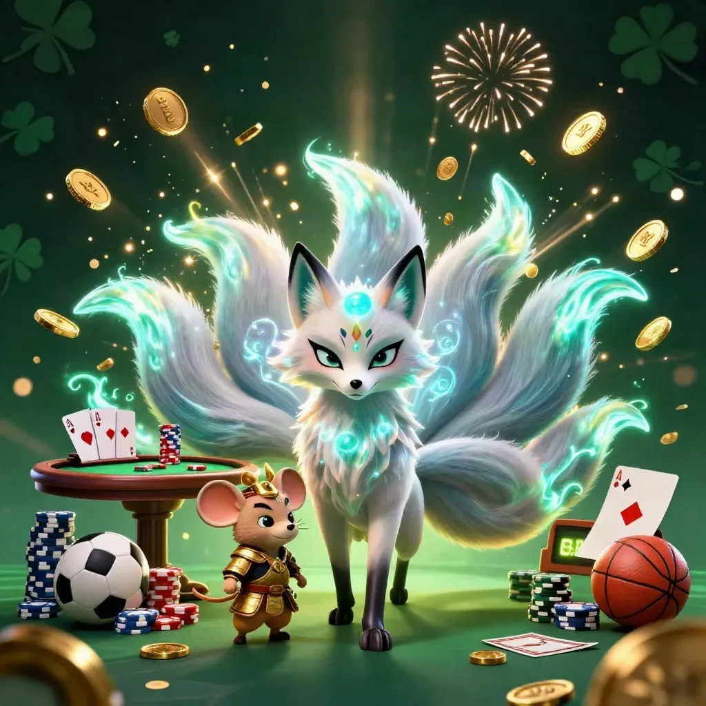 Fox spirit and armored mouse amid casino treasures, poker chips, coins, fireworks, and a glowing scoreboard.