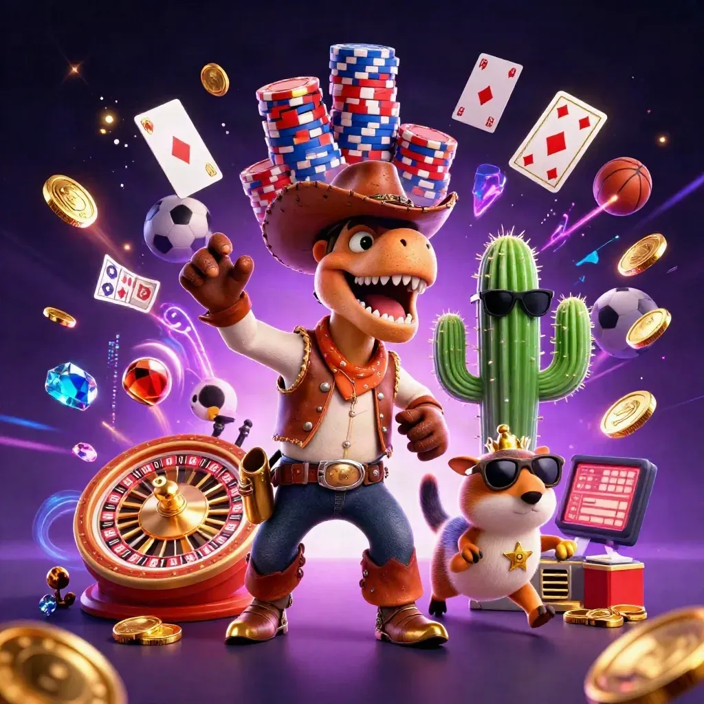 Cartoon T-Rex cowboy, cactus, and roadrunner in a flashy casino burst with coins, chips, and neon energy.