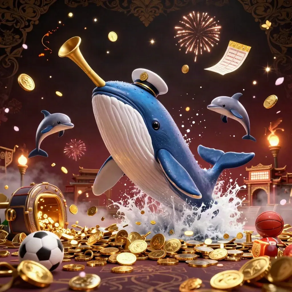 Whale captain and narwhal burst through gold coins with dolphins, fireworks, and casino props.