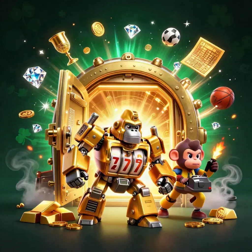 Golden gorilla mech with monkey pilot, vault burst, coins, gems, sports props, fireworks