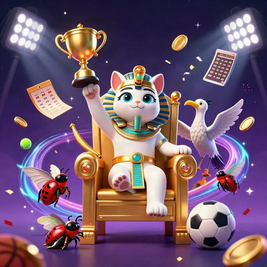 Pharaoh cat, ibis scribe, and scarab beetles amid coins, sports balls, fireworks, and glowing casino energy.