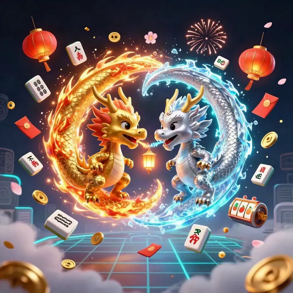 Intertwined gold and silver dragons with neon casino effects on a dark grid.