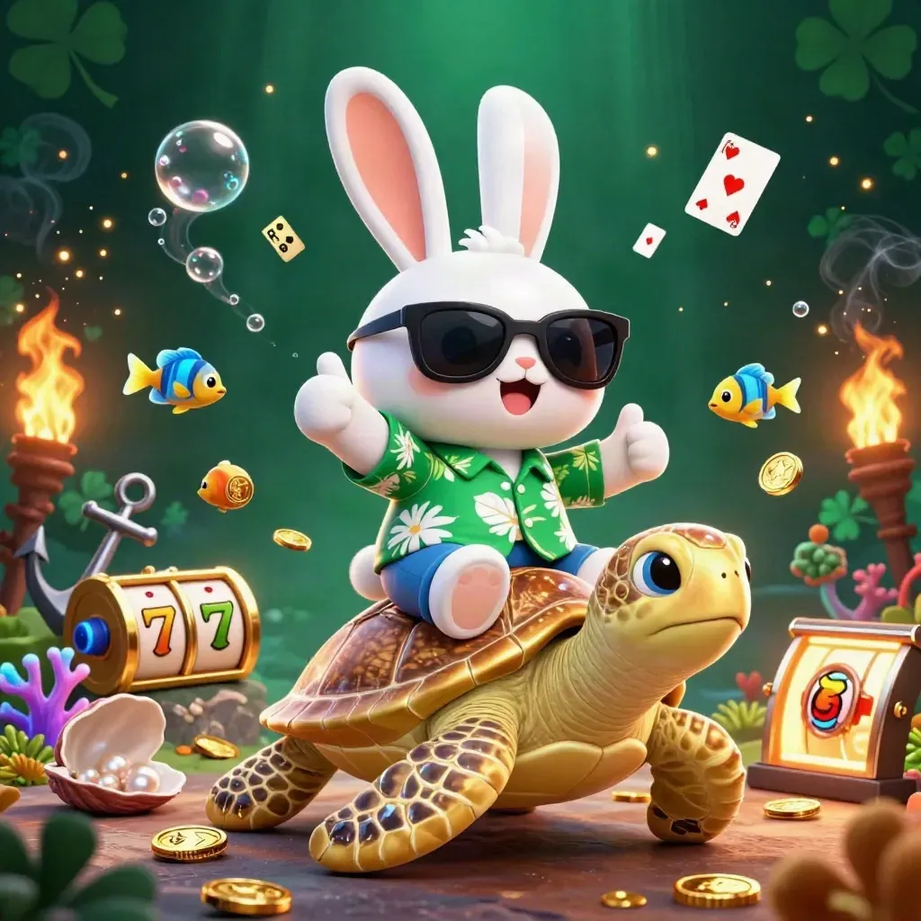Lucky rabbit rides a turtle through a casino treasure cove with coins, reels, fish and glowing coral.