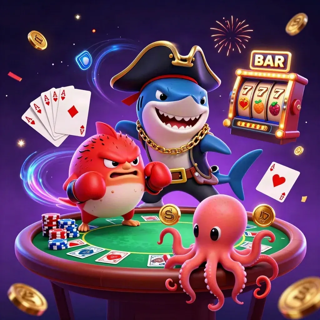 Shark pirate, boxing pufferfish, and coin-juggling octopus amid chips, reels, and casino sparks.