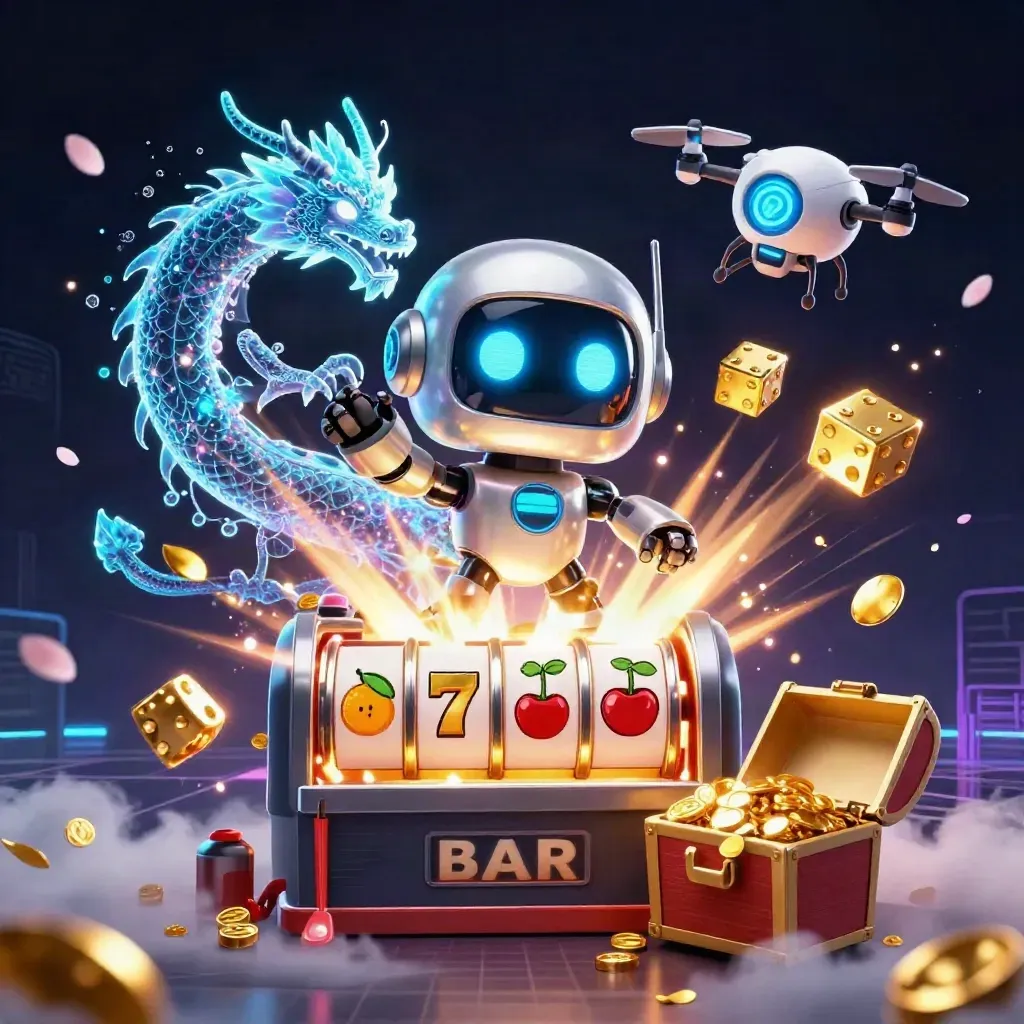 Cyberpunk robot, holographic dragon, coin drone, and exploding slot machine on a dark neon casino background
