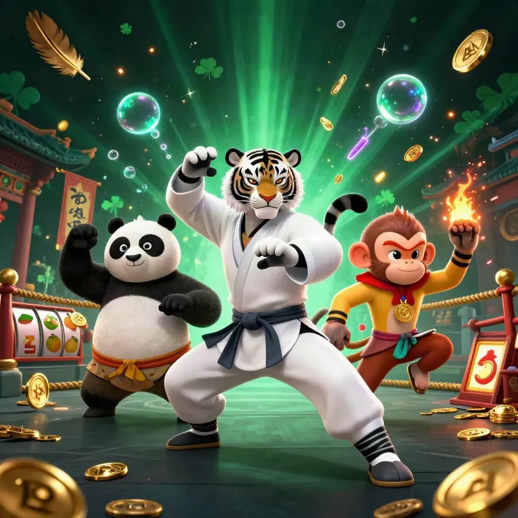 Kung-fu tiger, panda, and monkey in a glowing casino-temple action scene with reels and gold effects